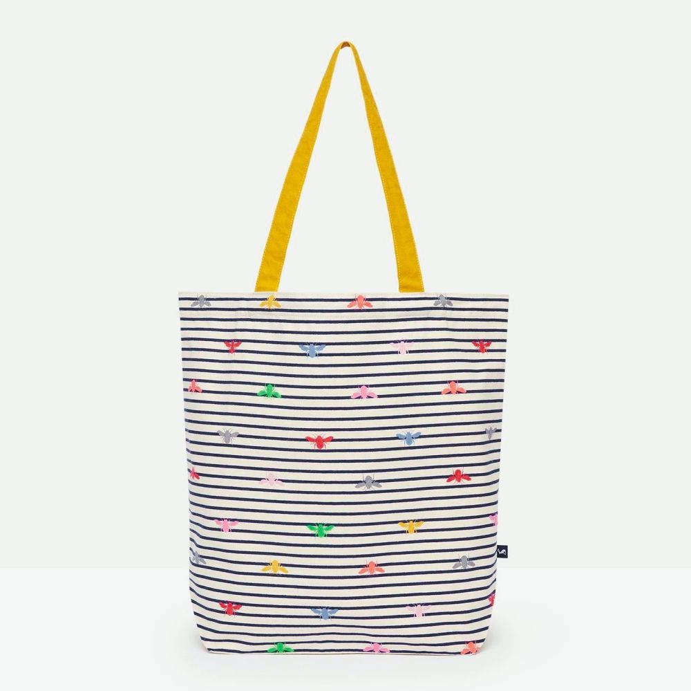 Lulu Shopper Printed Tote Bag- Cream Striped Bee