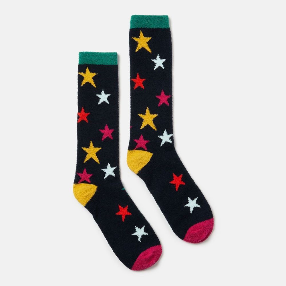 Fluffy Socks- Navy Multi Star (size 4-8)