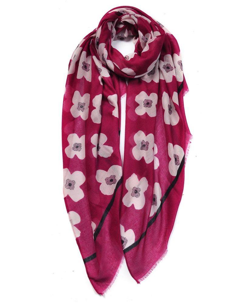 Clover Pattern with strip Edge Print Scarf- Coral Pink