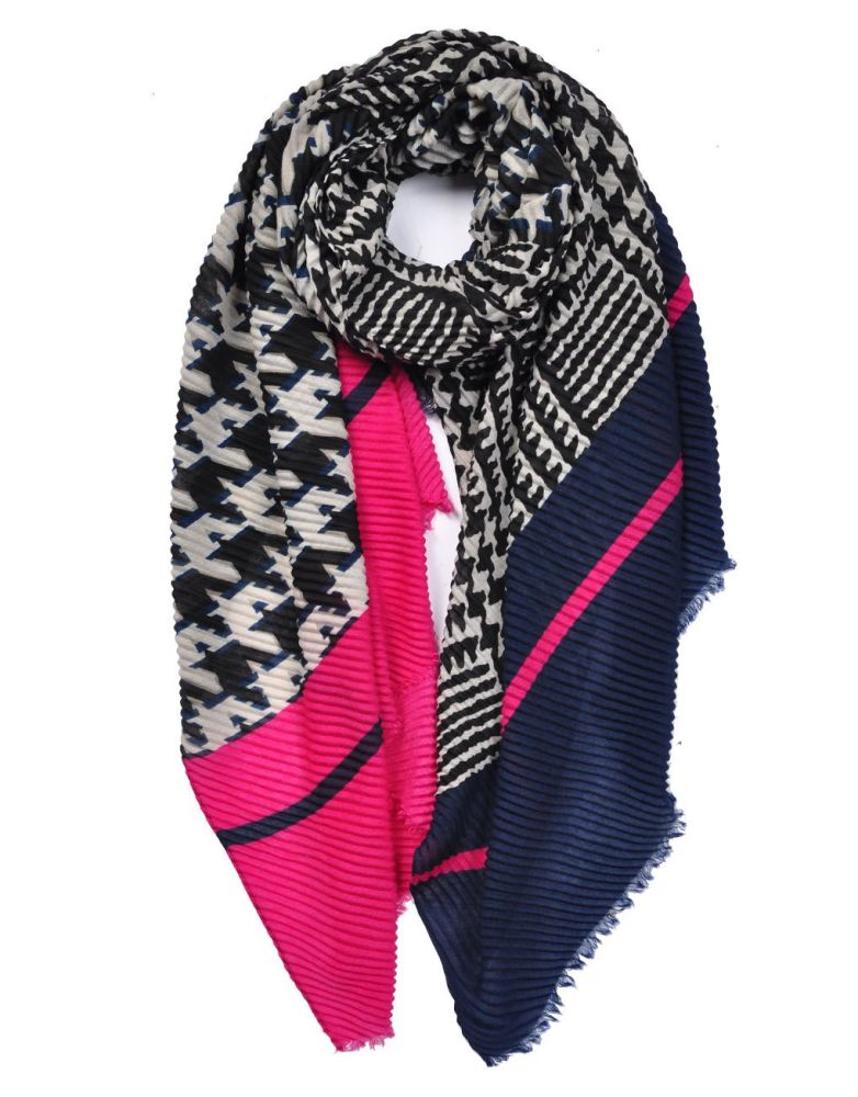 Houndstooth Pattern Print Wrinkle Scarf- Navy and Coral Pink