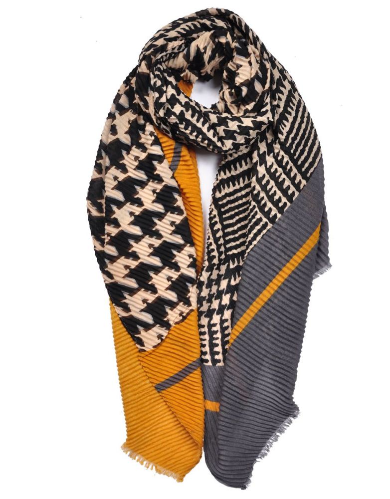 Houndstooth Pattern Print Wrinkle Scarf- Mustard and Grey
