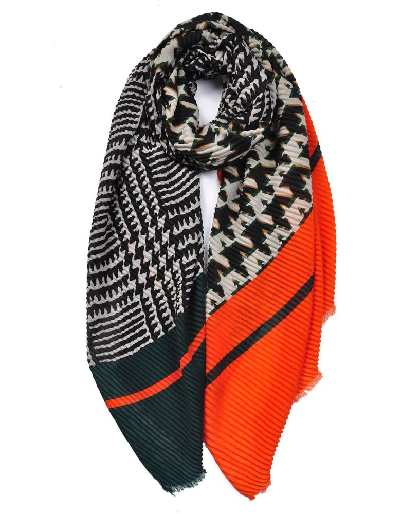 Houndstooth Pattern Print Wrinkle Scarf- Green and orange