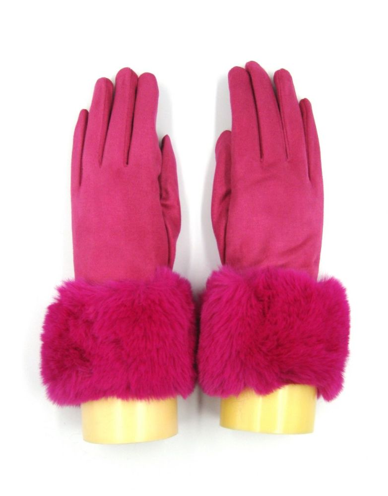 Plain Fur Trim Gloves- Fuchsia Pink