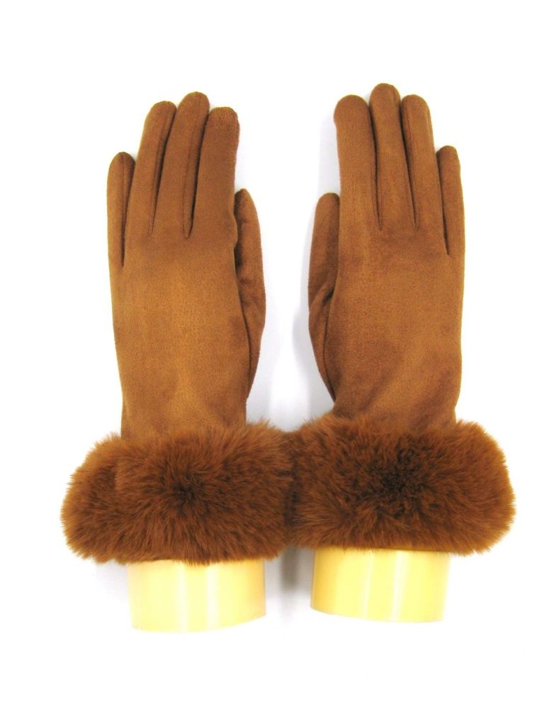 Plain Fur Trim Gloves- Brown