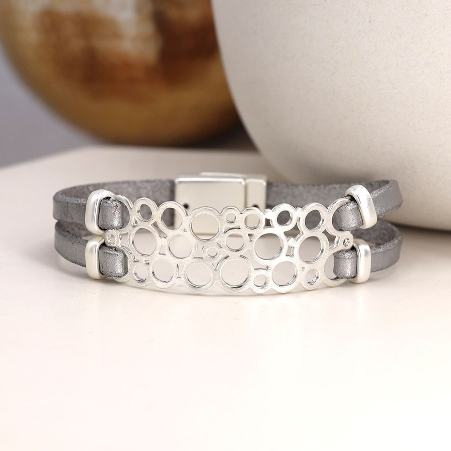 Double strand taupe leather and silver multi-circle bracelet