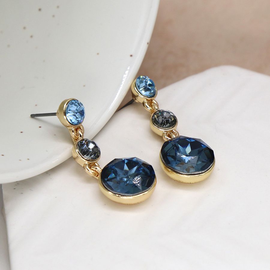 Blue mix crystal triple drop stud earrings