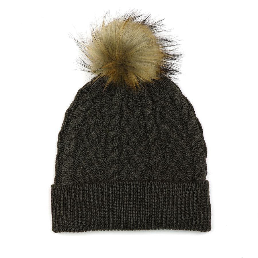 Cable twist knit and faux fur bobble hat- Olive