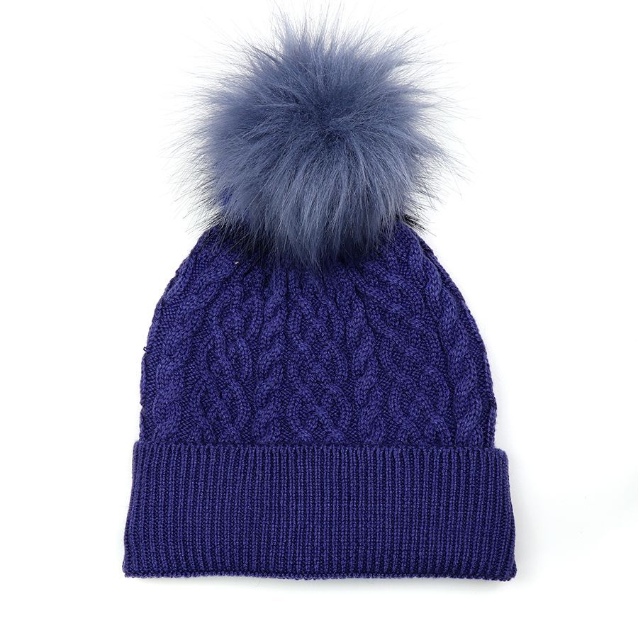 Cable twist knit and faux fur bobble hat- Cobalt Blue