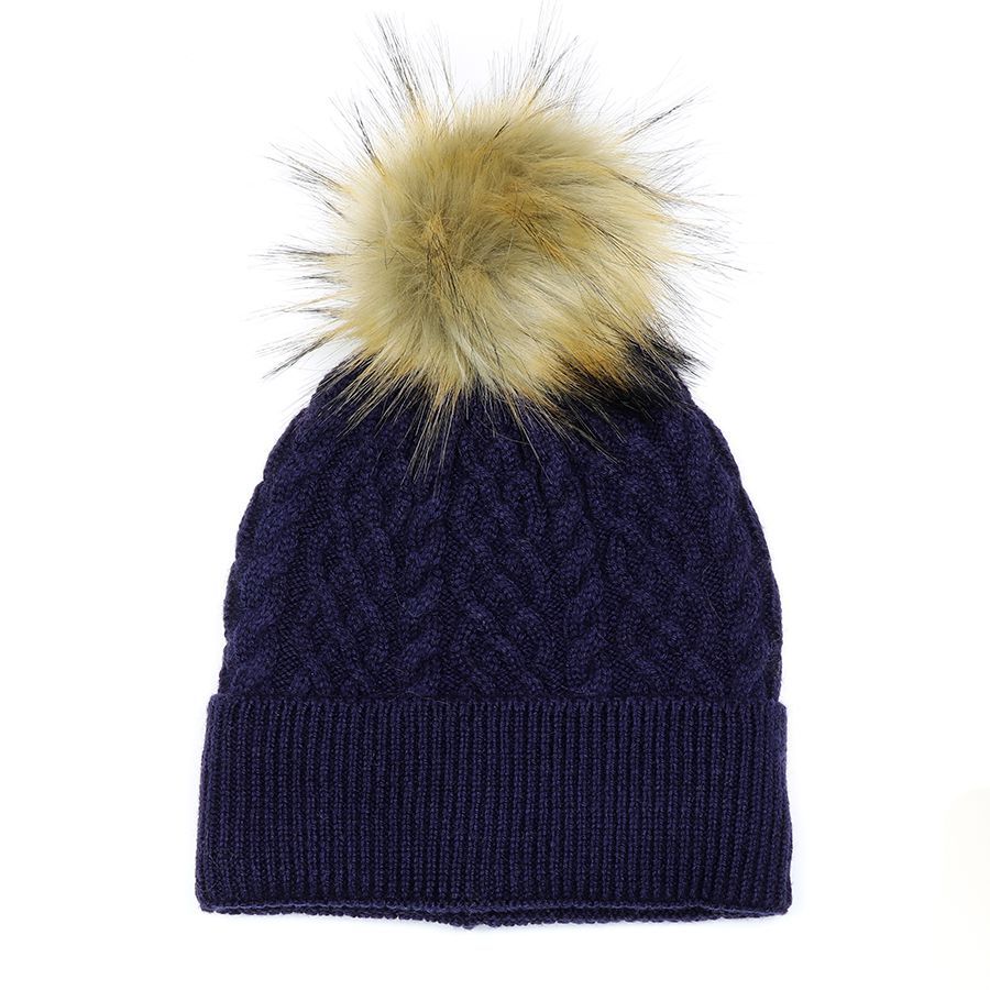 Cable twist knit and faux fur bobble hat- Navy