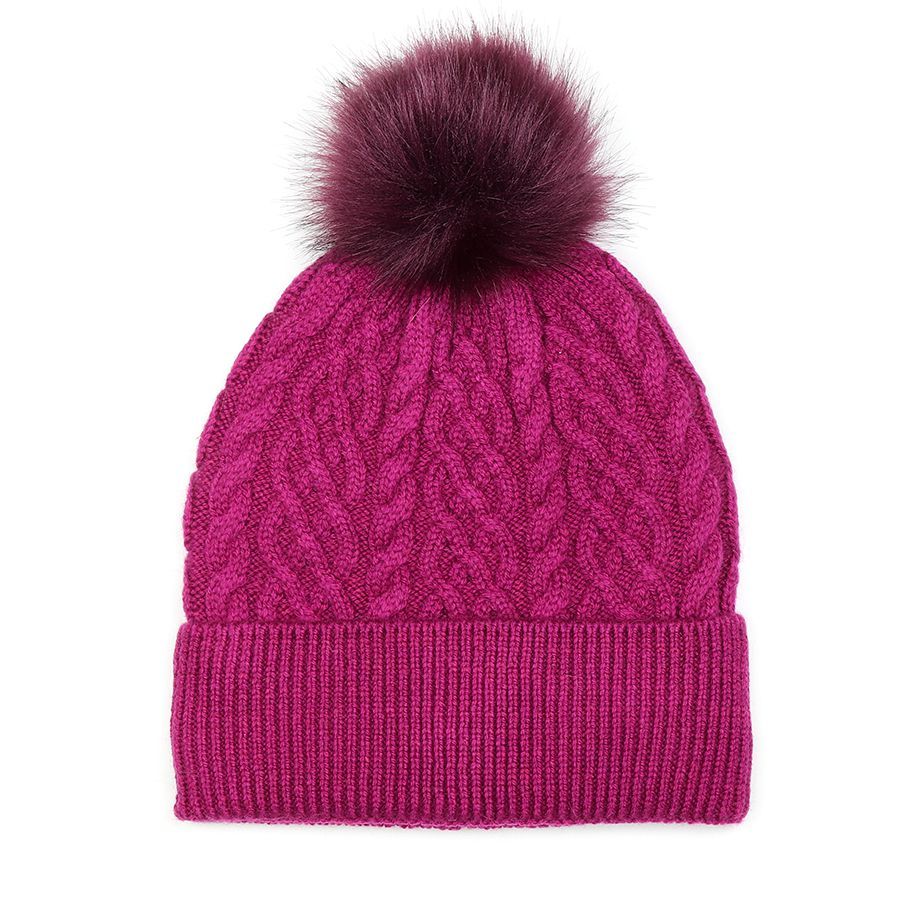 Cable twist knit and faux fur bobble hat- Magenta
