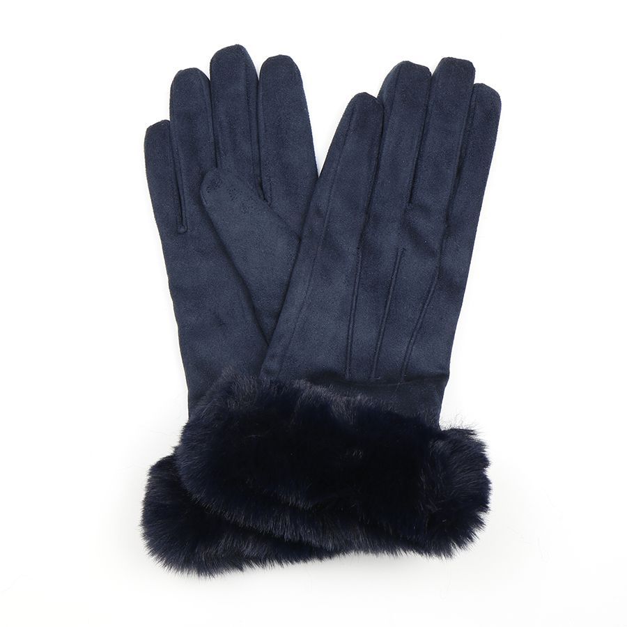 Faux suede gloves with faux fur trim- Navy Blue