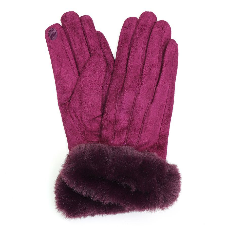 Faux suede gloves with faux fur trim- Magenta
