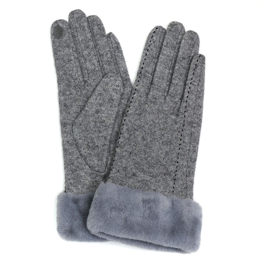 Grey wool mix stitch detail gloves with faux fur trim