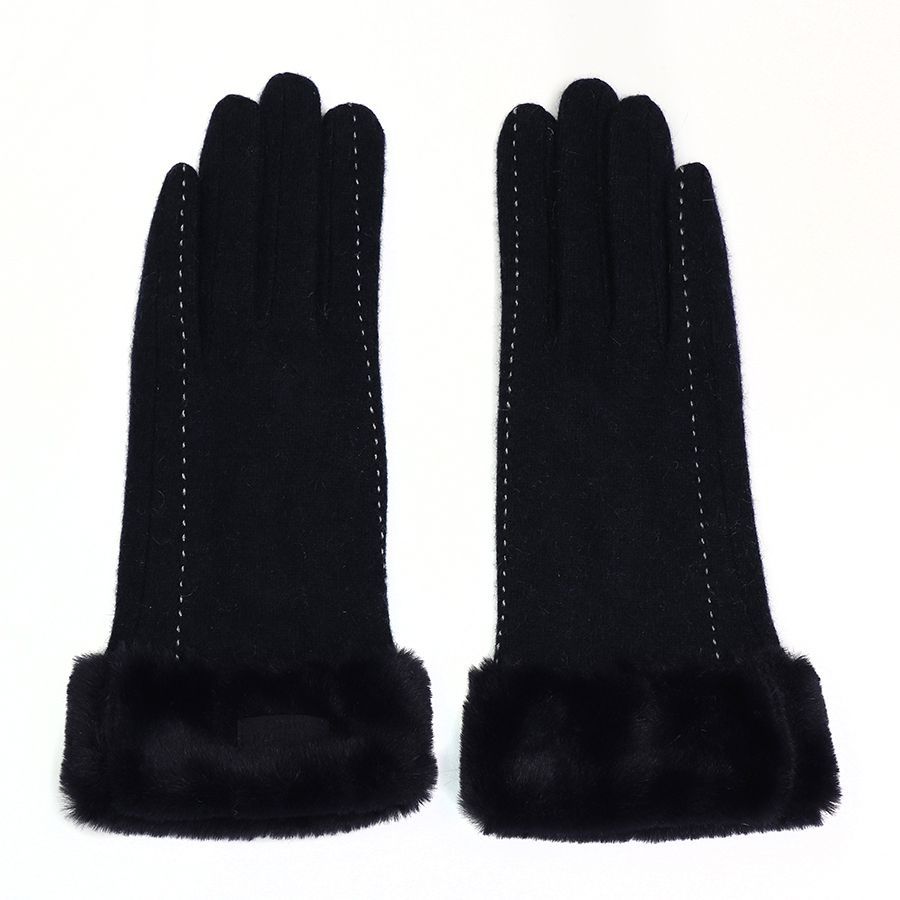 Navy wool mix stitch detail gloves with faux fur trim