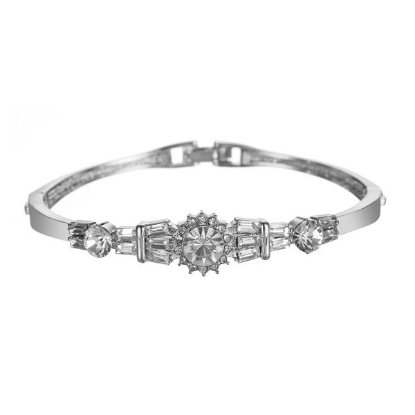 Rhodium Silver Bangle with Jewelled Front