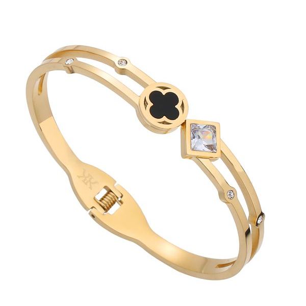 Gold Bangle with Clover and Clear Jewel Front (14 Carat Gold)