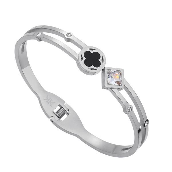 Steel Silver Bangle with Clover and Clear Jewel Front