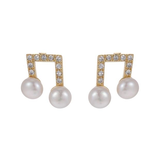 Gold Music Notes Earrings with faux pearls (14 Carat Gold)