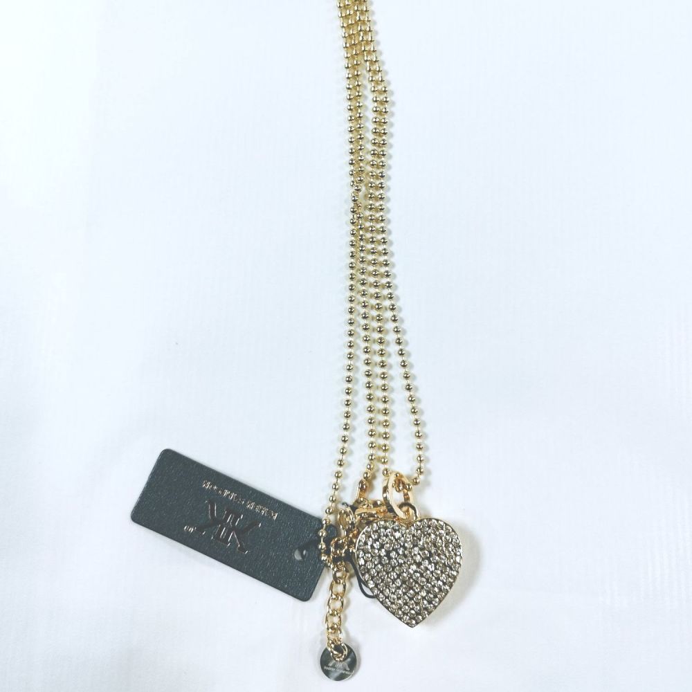 Gold Long Necklace with Jewelled Heart Pendant