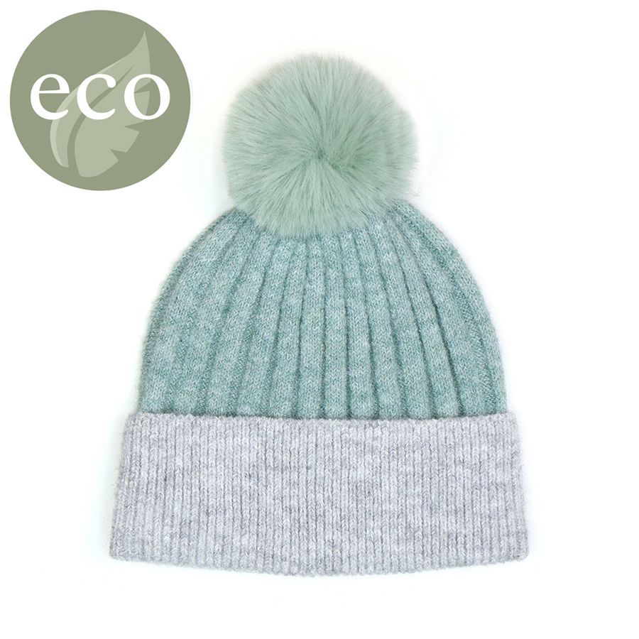 Mint recycled yarn bobble hat with grey turn up