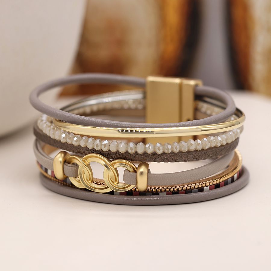 Taupe Magnetic Multistrand Bracelet with linked gold hoops