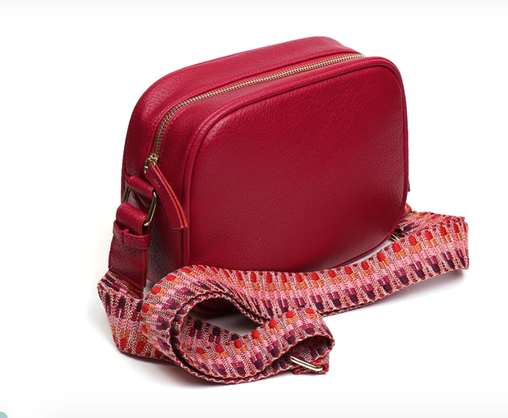 Vegan leather striped strap camera bag- Raspberry Red