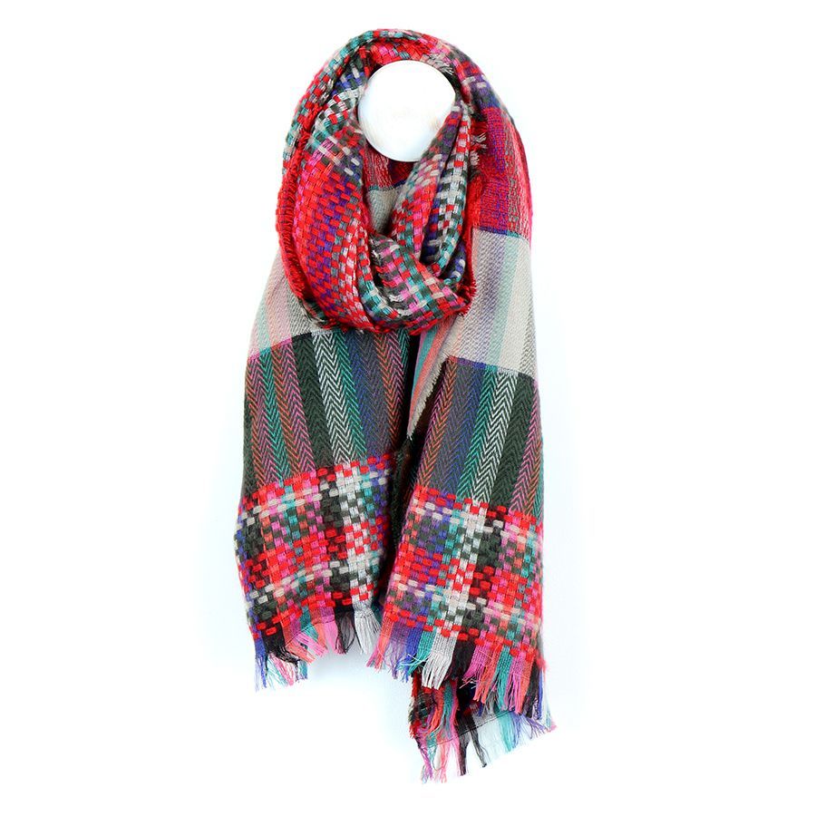 Red mix woven check fringe scarf