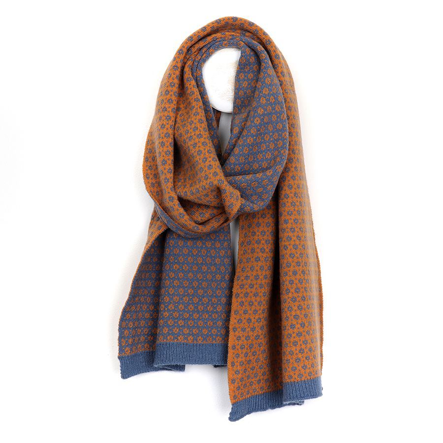 Tan and blue tiny repeat flower scarf