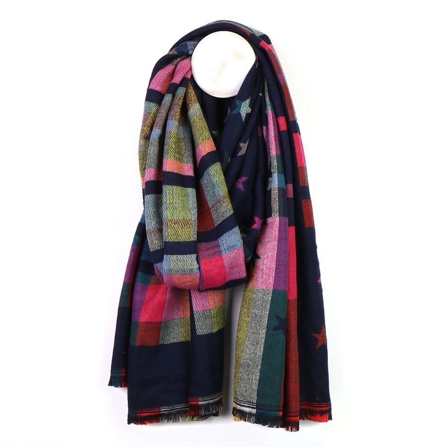 Navy check and star jacquard scarf
