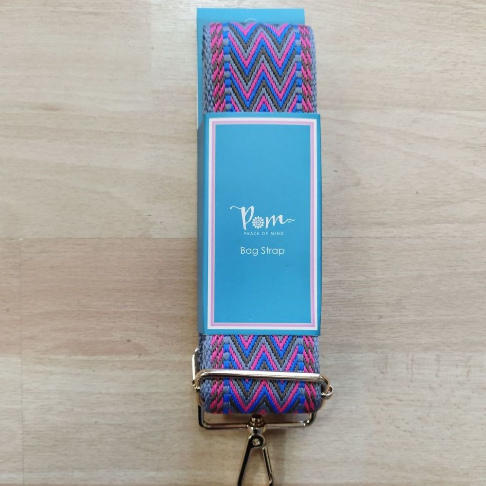 Pink, blue, grey chevron weave bag strap (2