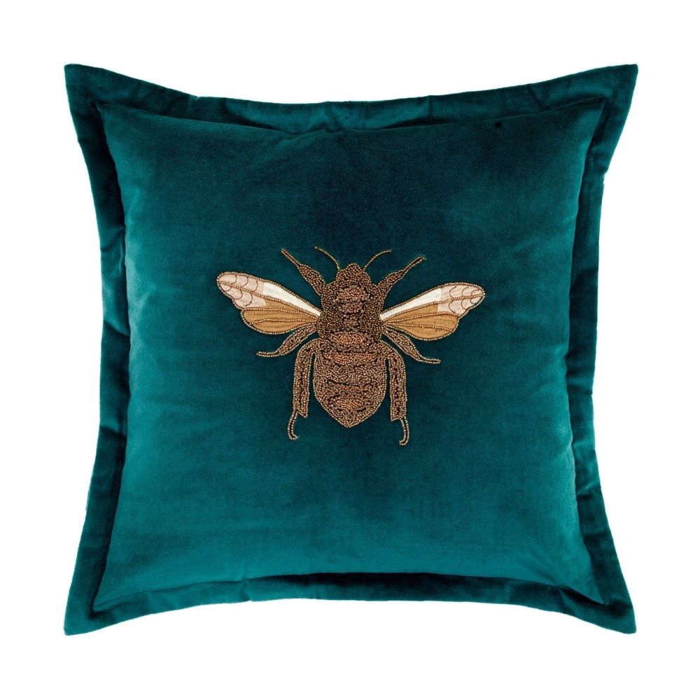 Layla Teal Velvet Cushion (with Bee) - 50x50cm- Voyage Maison