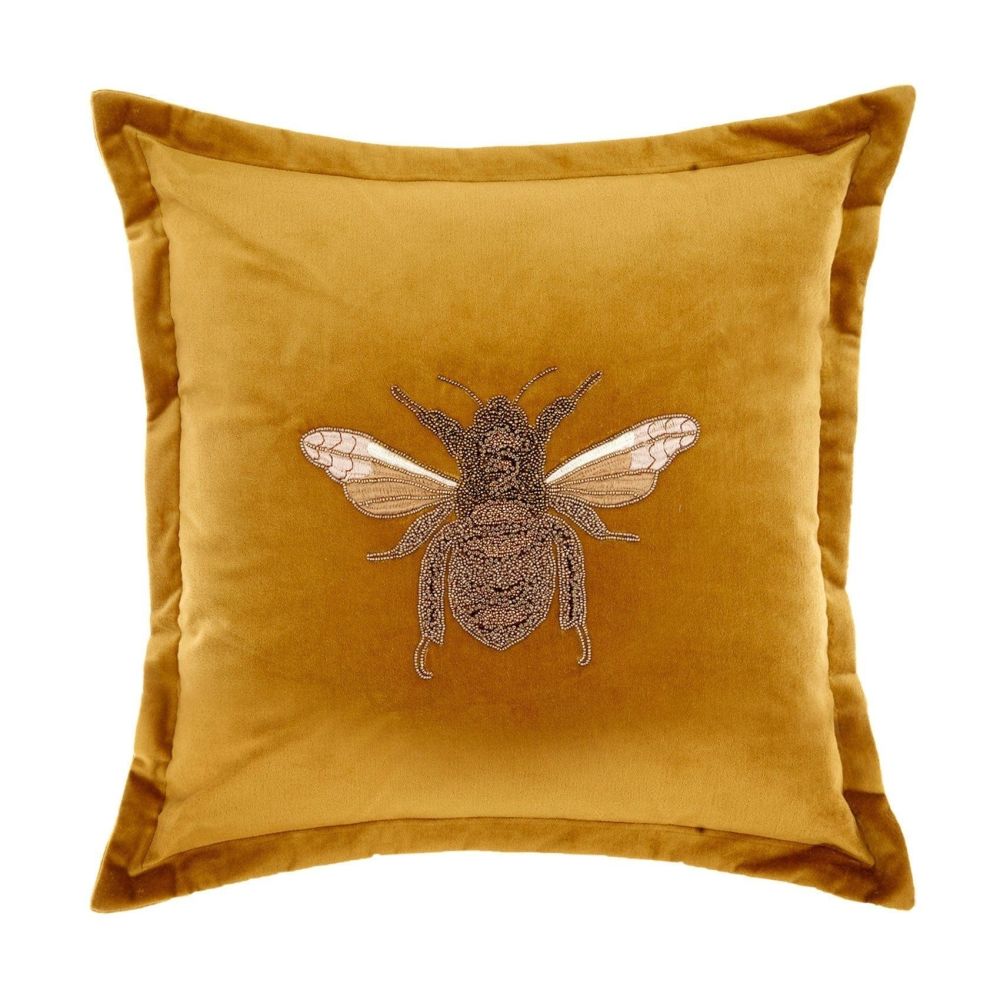 Layla Mustard Velvet Cushion (with Bee) - 50x50cm- Voyage Maison