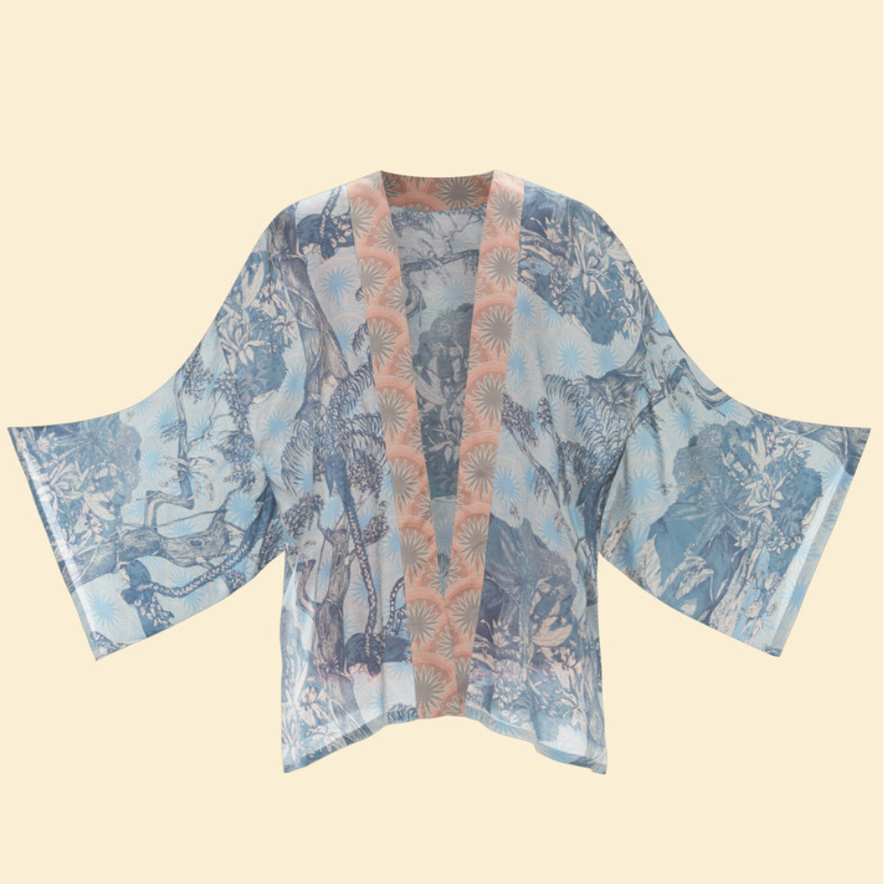 Tropical Toile Kimono Jacket - Denim and Petal
