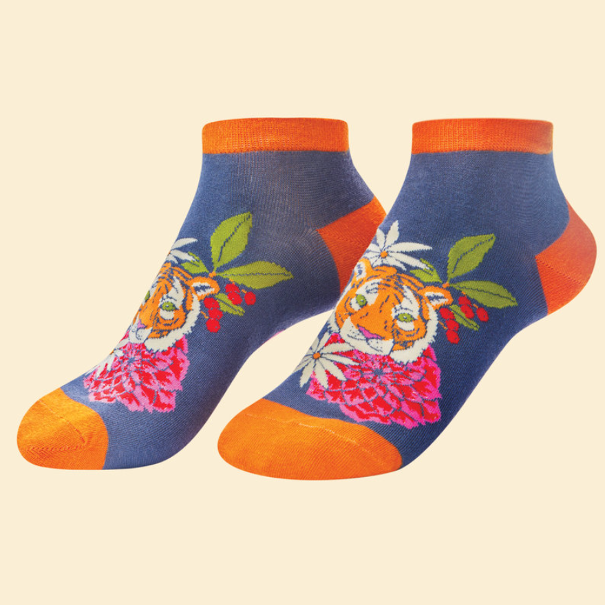 Floral Tiger Trainer Socks - Indigo