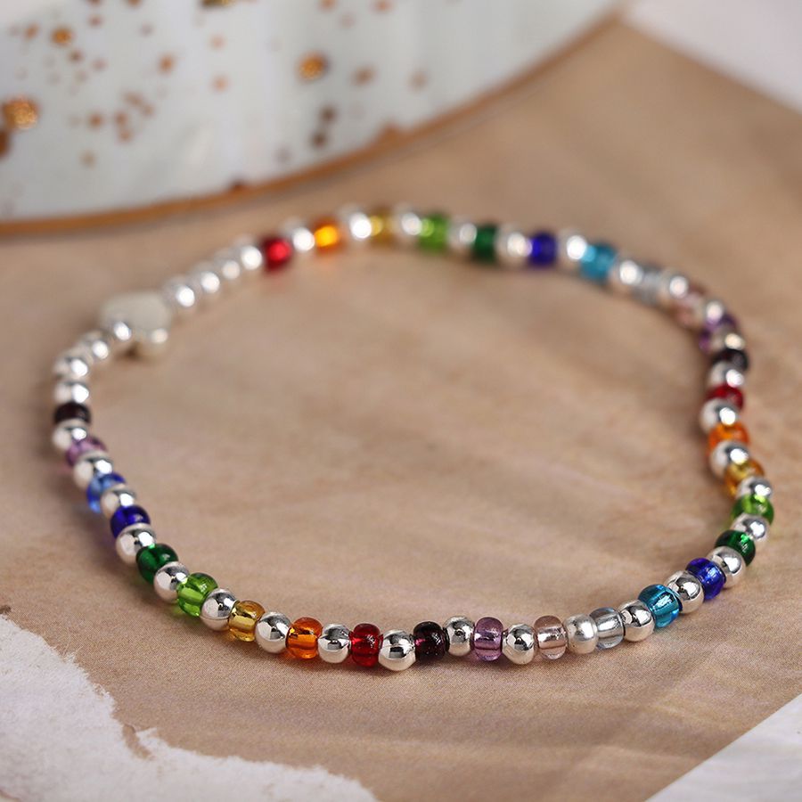 Silver plated and rainbow glass bead bracelet