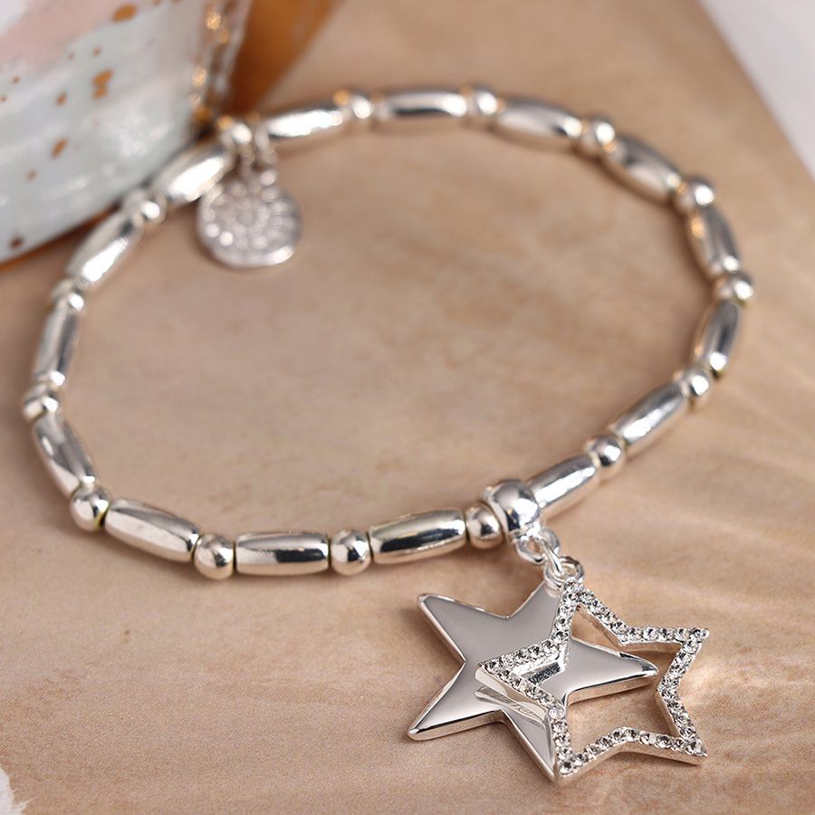 Silver plated oval bead and double star bracelet with crystals