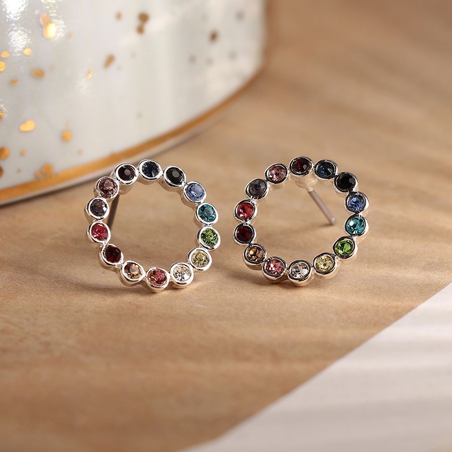 Silver plated rainbow crystal circle stud earrings