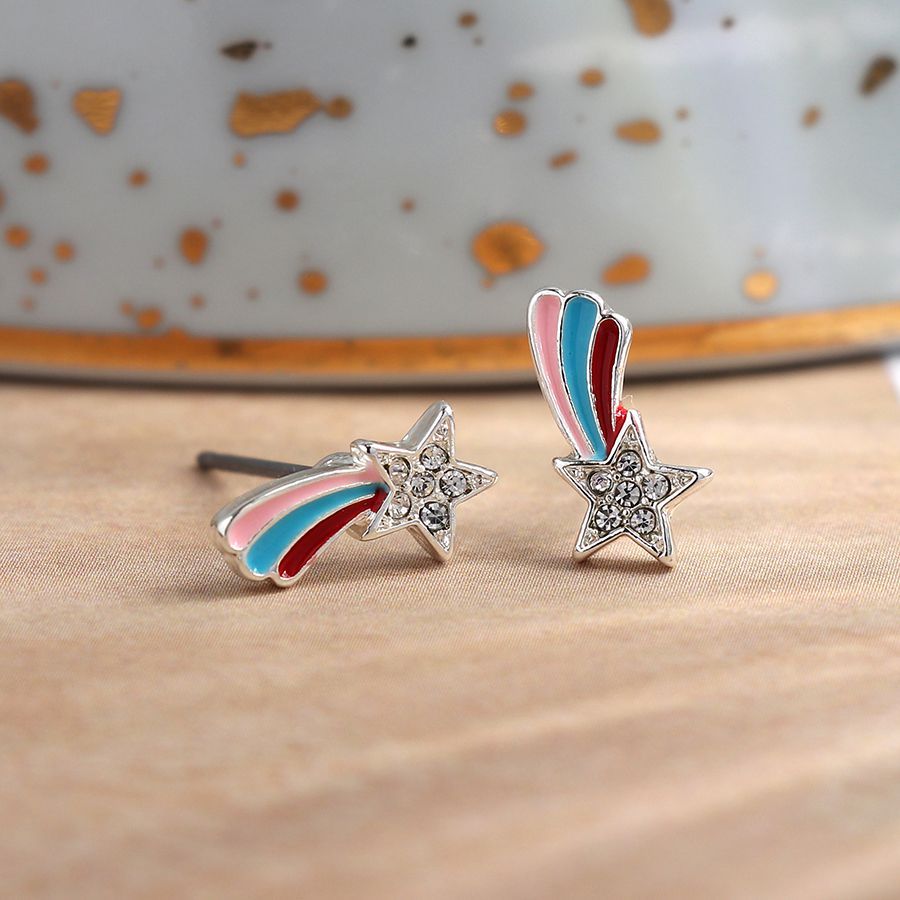 Silver plated crystal shooting star earrings with enamel