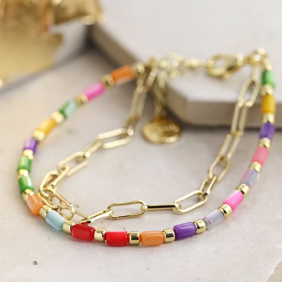 Rainbow shell and gold plated chain bracelet