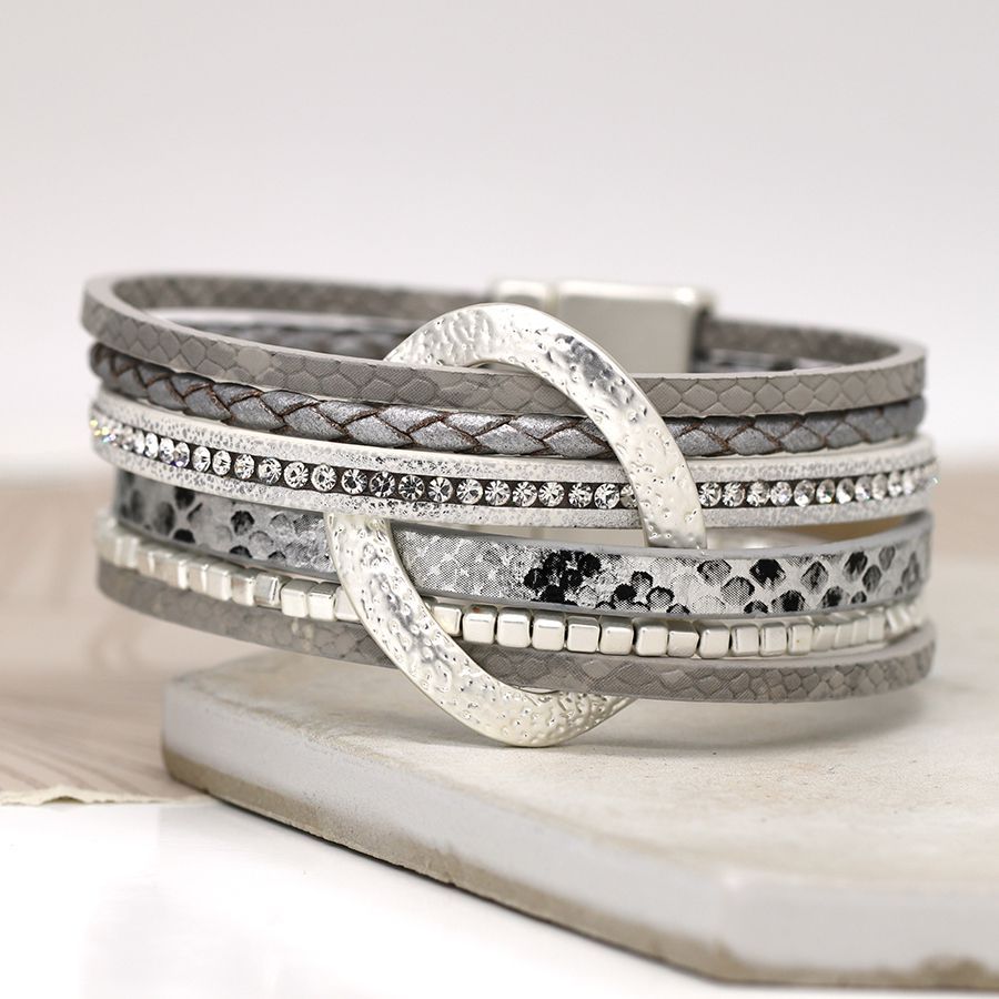 Silver plated metallic leather bracelet with crystals and oval