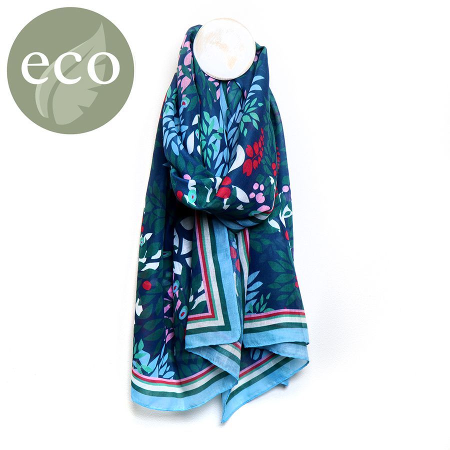 Recycled blue, teal and raspberry leaf print scarf