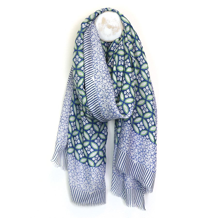 Blue and green mix repeat geo tile print scarf