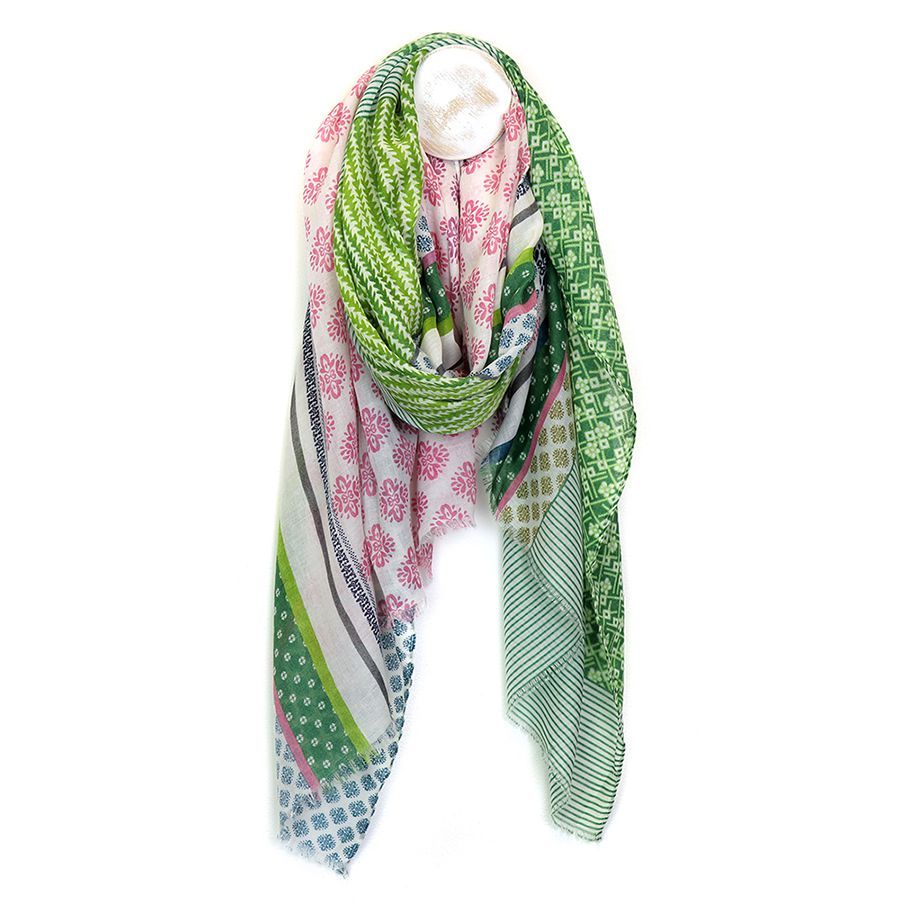 Green and pink mix multi block print scarf