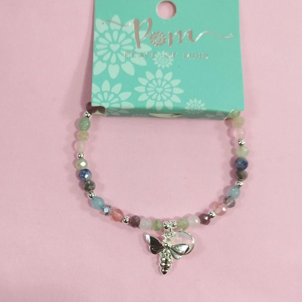 Silver plated bee bracelet with glass crystal and multi-coloured beads
