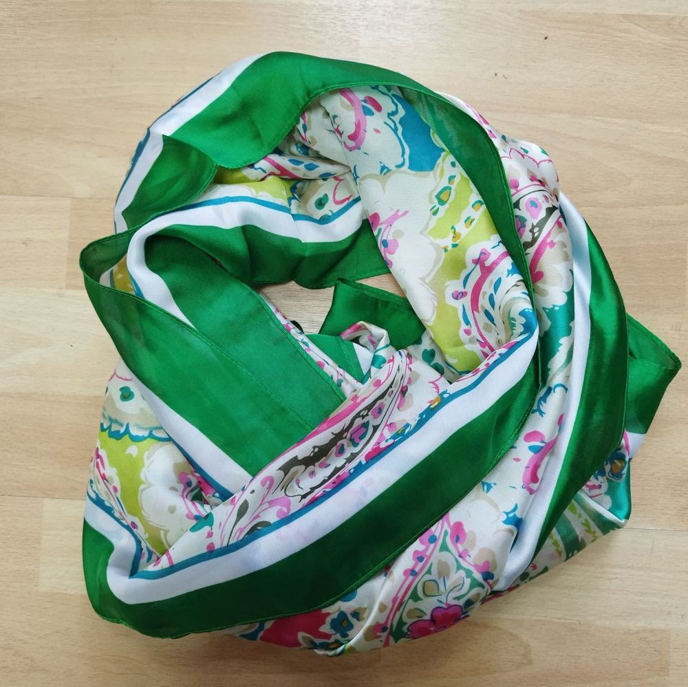 Green mix Paisley Floral Print Silk feel scarf with eyelash fringe