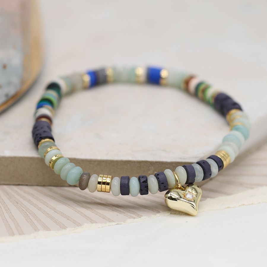 Blue mix bead bracelet with golden crystal inset heart charm