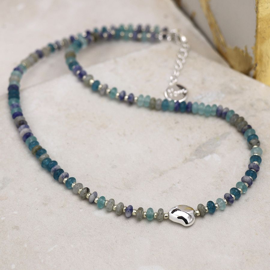 Blue mix bead necklace with silver plated pebble