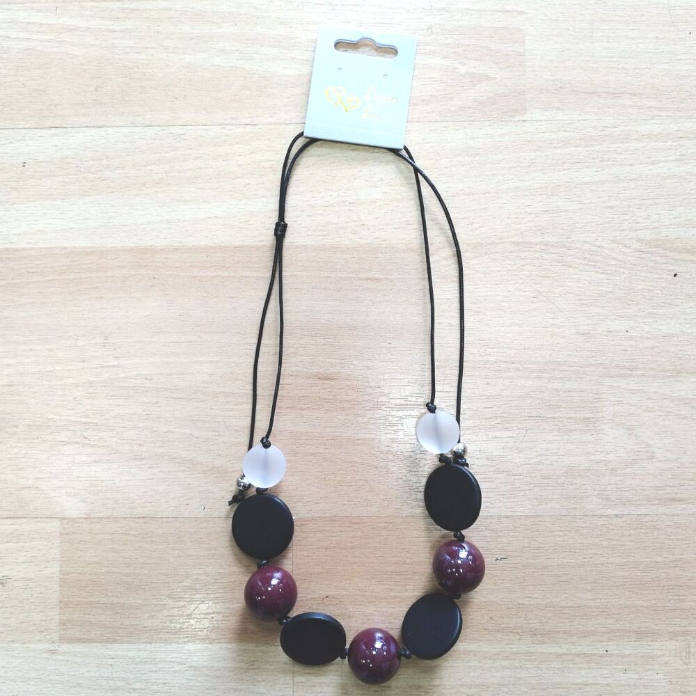 Adjustable beaded Necklace- Black, Burgundy and Clear beads