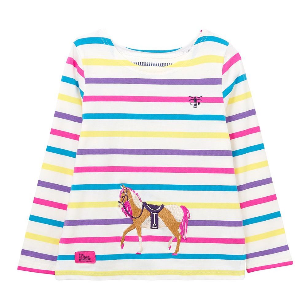 Causeway Kids Girls' Multi-stripe Long Sleeve Top with Dressage Horse- Size1-2, 7-8