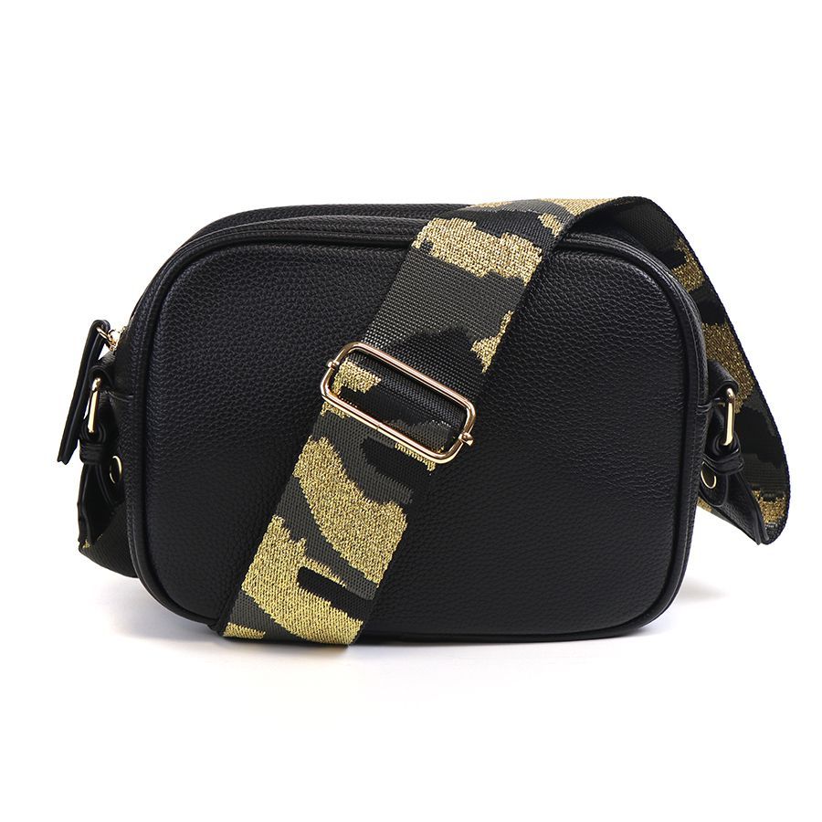 Vegan Leather camera bag with camo print strap- Black